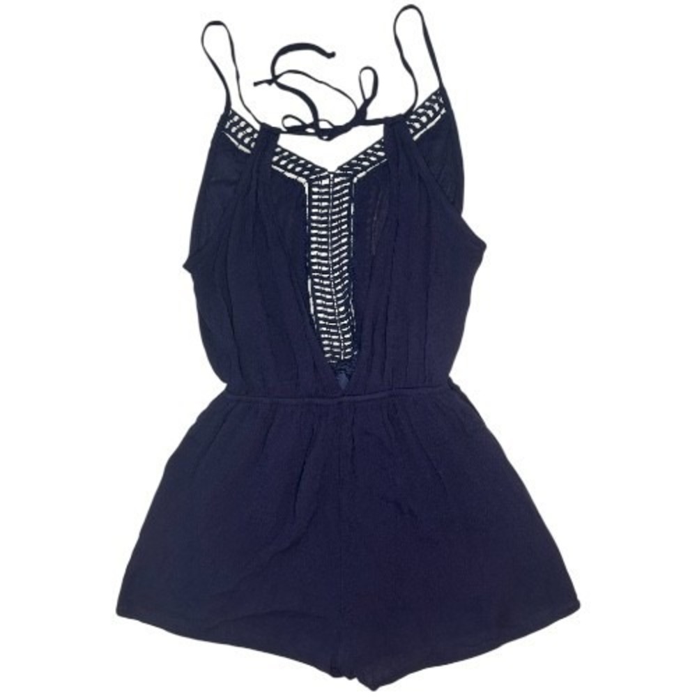 Navy Crochet Lace Trim Romper Women's XS Sleeveless V-Neck Summer One-Piece - Picture 2 of 5